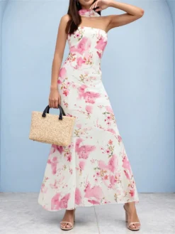 Women Tube Top Dress Retro Flower Printed