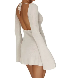 Women's Fall Mini Dress Long Sleeve Open Back Solid
