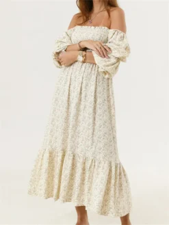 Woman Vintage Floral Dress Puff Long